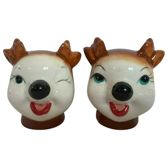 Celebrate Other - Anthropomorphic Christmas Salt & Pepper Shakers Winking Deer Vintage Style NEW!
